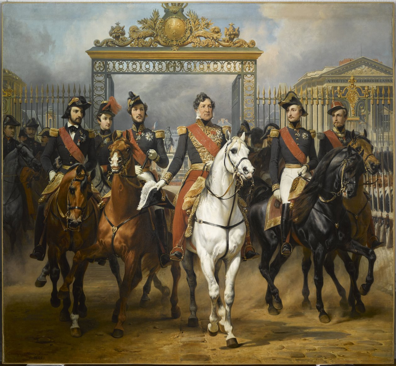 Koning Louis-Philippe omringd door zijn vijf zonen verlaten de hoofdingang van het kasteel van Versailles na een militaire revue op de binnenplaats, 10 juni 1837. door Horace Vernet