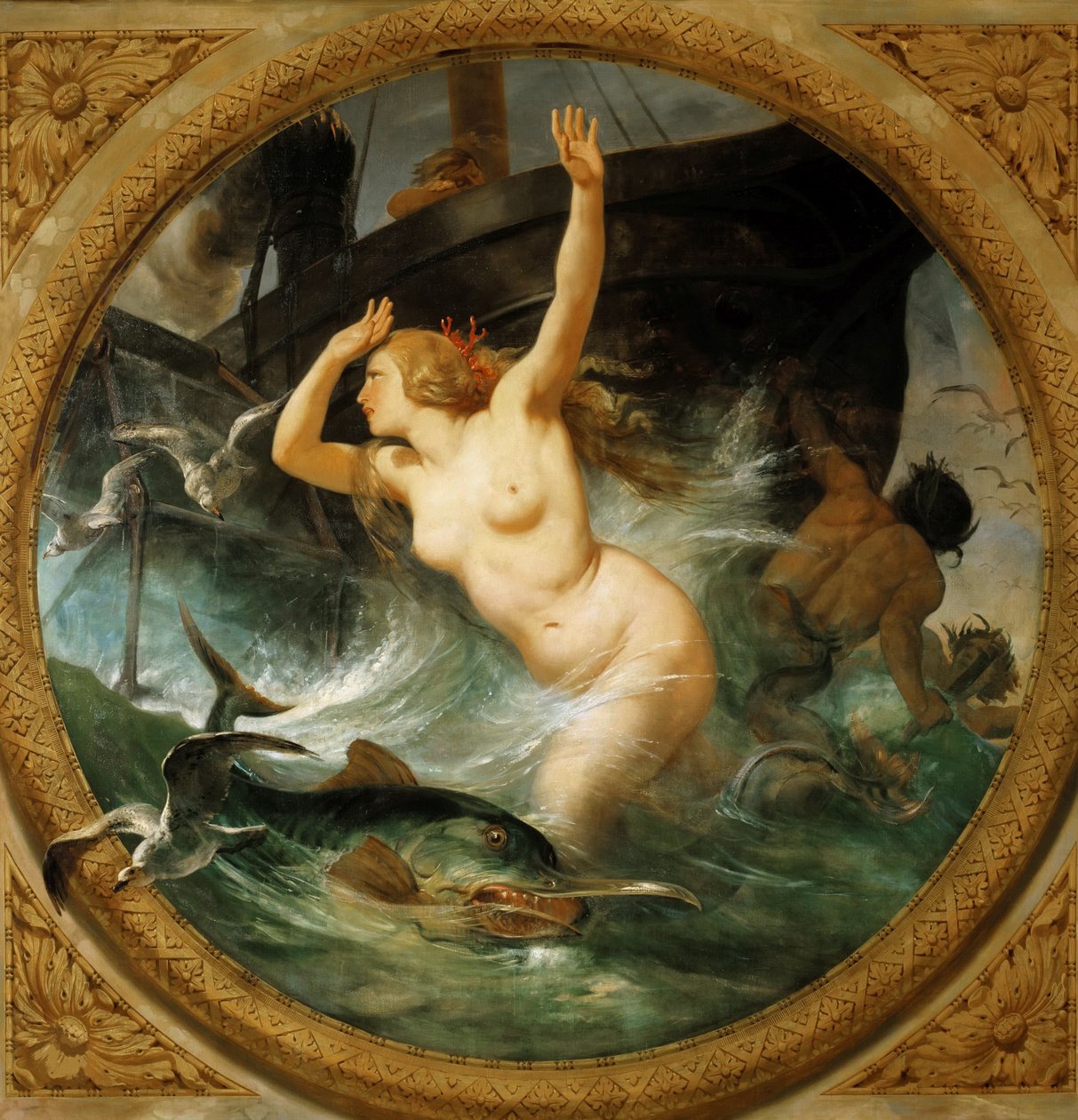 Stoom verdrijft de zeegoden Plafondschildering, Salle des Pas perdus, 1839-1847 door Emile Jean Horace Vernet