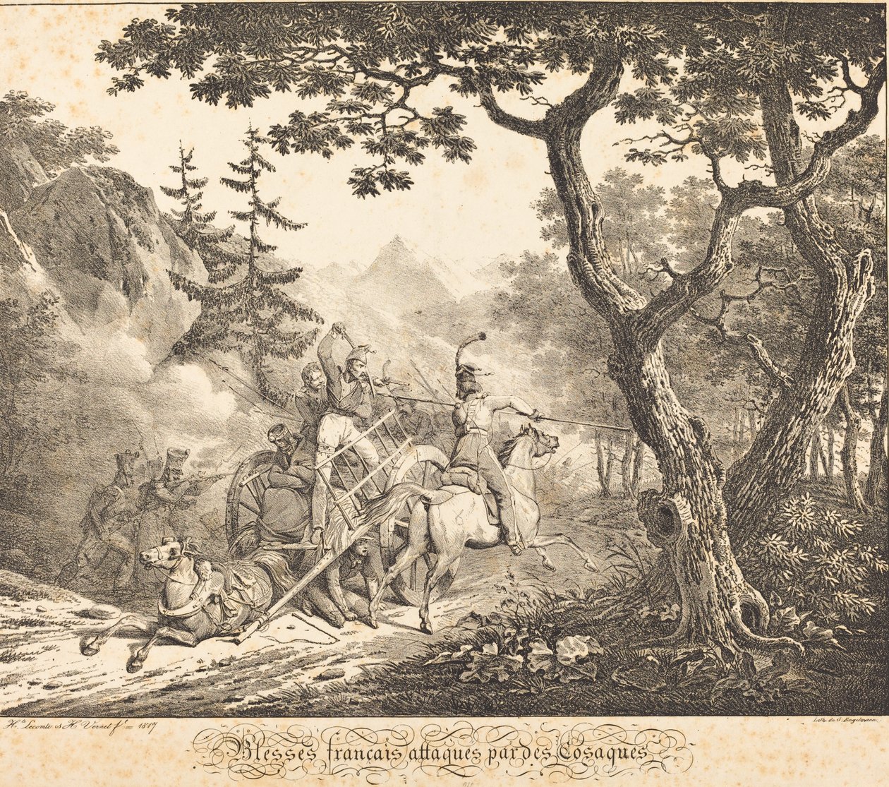 Gewonde Fransen aangevallen door een Kozak door Horace Vernet and Hippolyte Lecomte