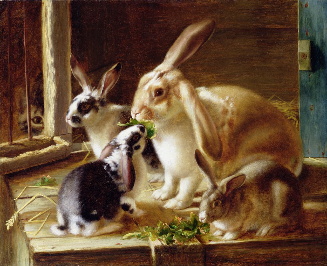 Langorige konijnen in een kooi, bekeken door een kat door Horatio Henry Couldery