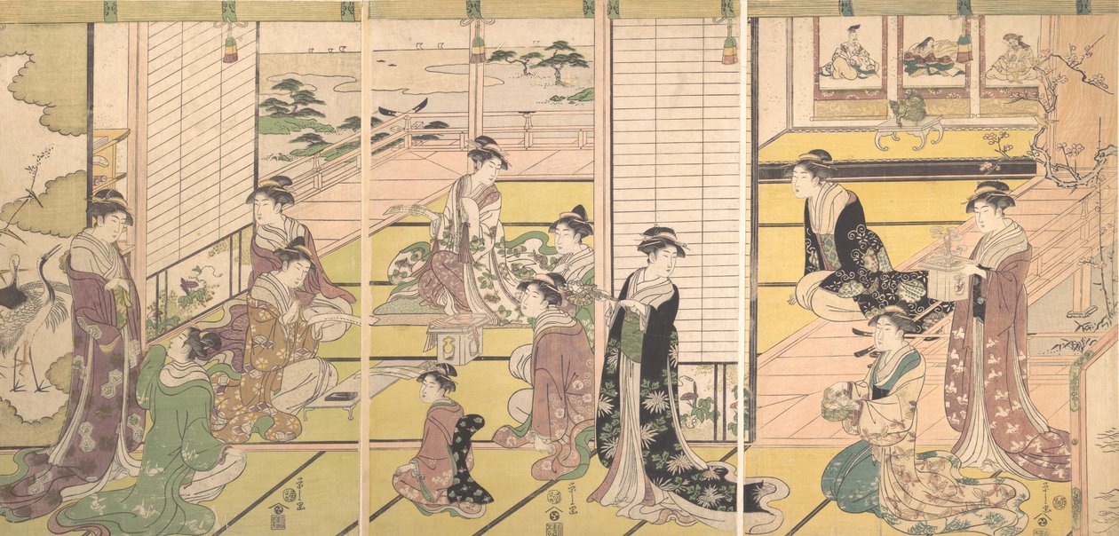 Eerbetoon aan de drie goden van de poëzie: vrouwen die gedichten schrijven door Hosoda Eishi