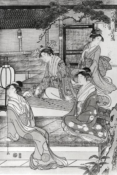 Vrouw die de Koto speelt door Hosoda Eishi