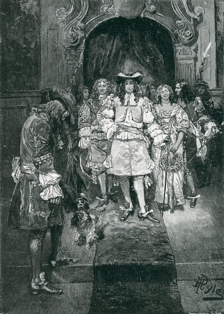 Quaker en Koning in Whitehall, gegraveerd door Frank French, illustratie uit 