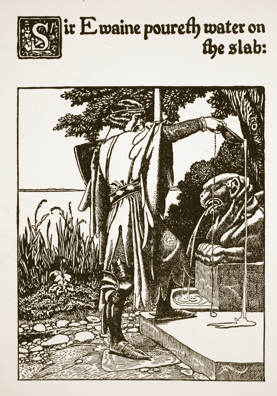 Sir Ewaine giet water op de plaat, illustratie uit 