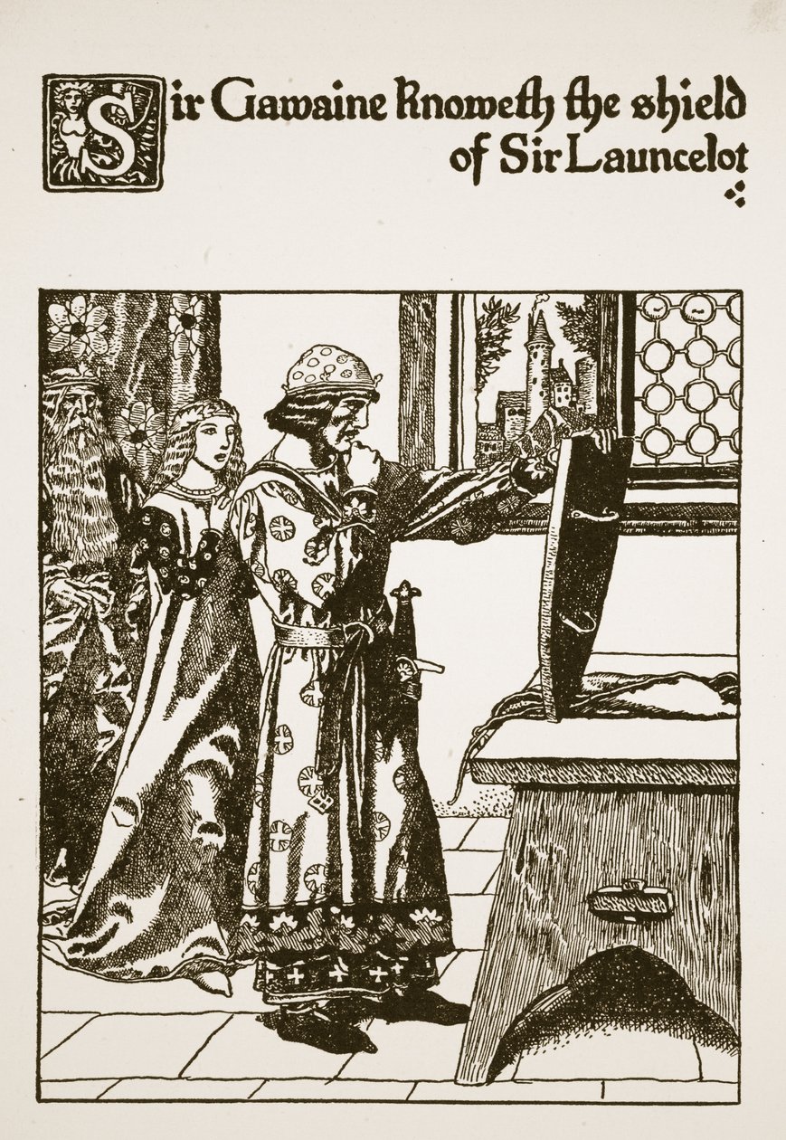 Sir Gawaine herkent het schild van Sir Launcelot, illustratie uit 