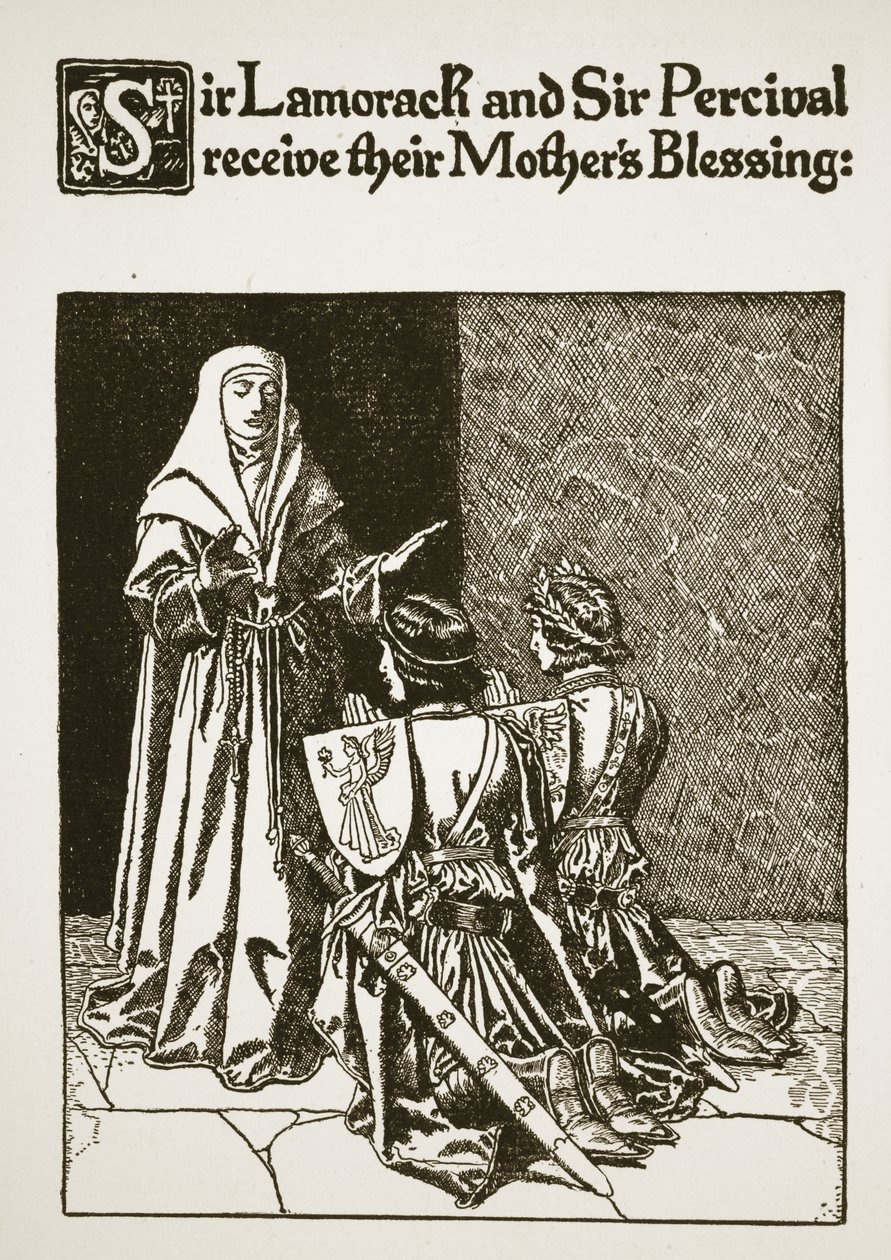 Sir Lamorack en Sir Percival ontvangen de zegen van hun moeder, illustratie uit 