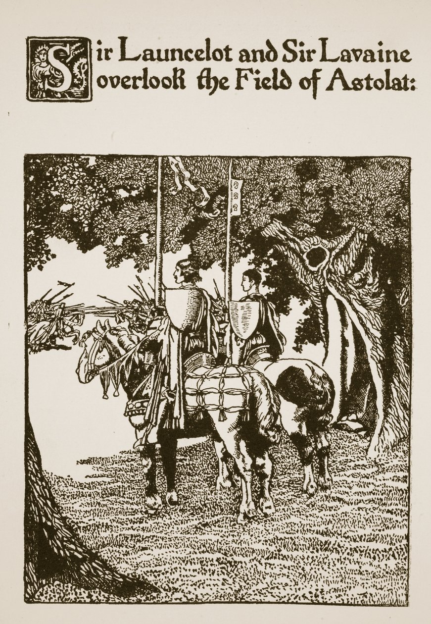 Sir Launcelot en Sir Lavaine overzien het Veld van Astolat, illustratie uit 