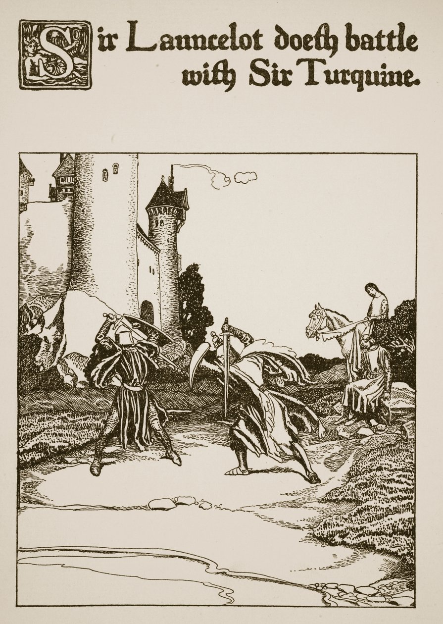 Sir Launcelot vecht met Sir Turquine, illustratie uit 