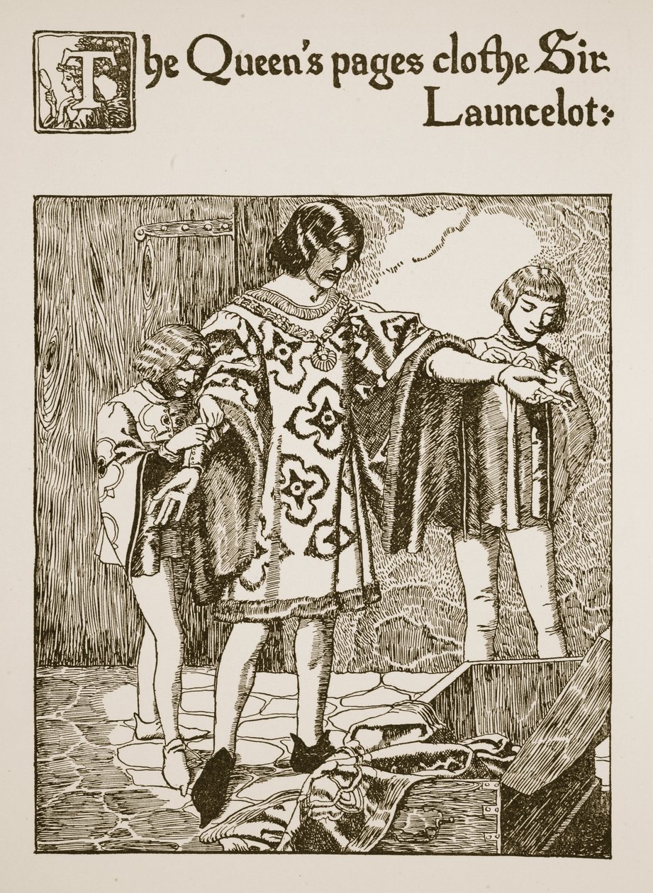 De pages van de koningin kleden Sir Launcelot aan, illustratie uit 