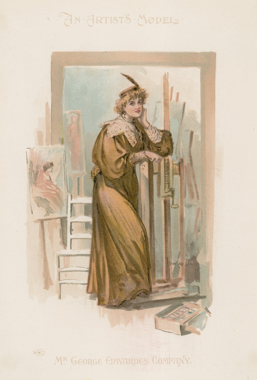 Portret van een vrouw ten voeten uit (kleurenlitho) door Howard Davie