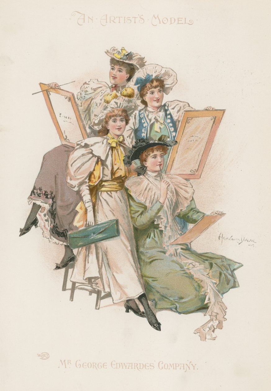 Groep van vier goed geklede vrouwen met tekenborden in de hand (kleurenlitho) door Howard Davie
