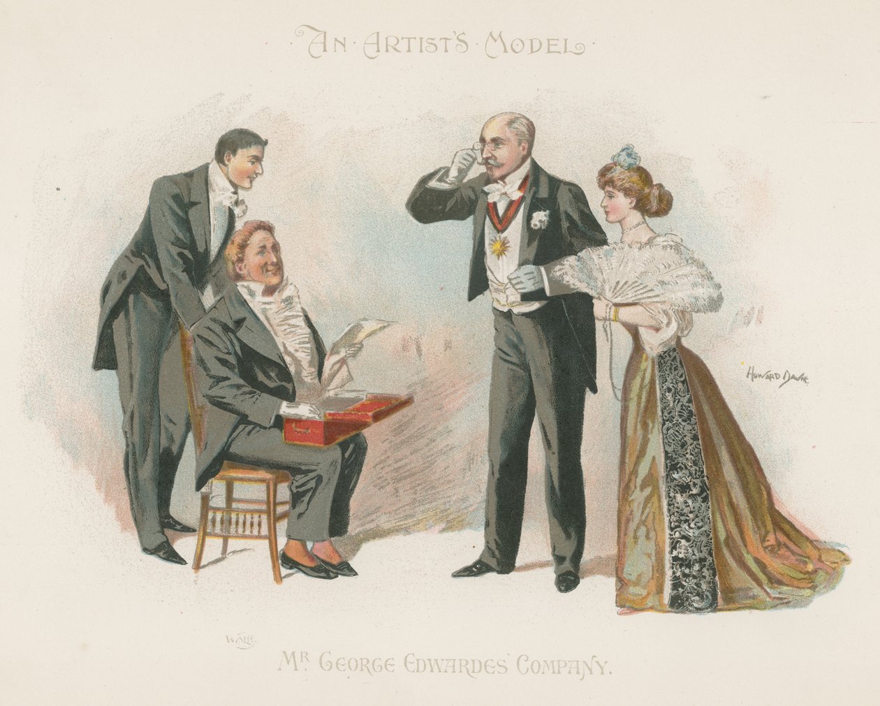 Drie goed geklede mannen en een goed geklede vrouw (kleurenlitho) door Howard Davie