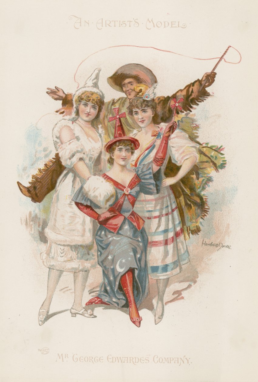 Drie danseressen in kostuum met een man die een zweep vasthoudt (kleurenlitho) door Howard Davie