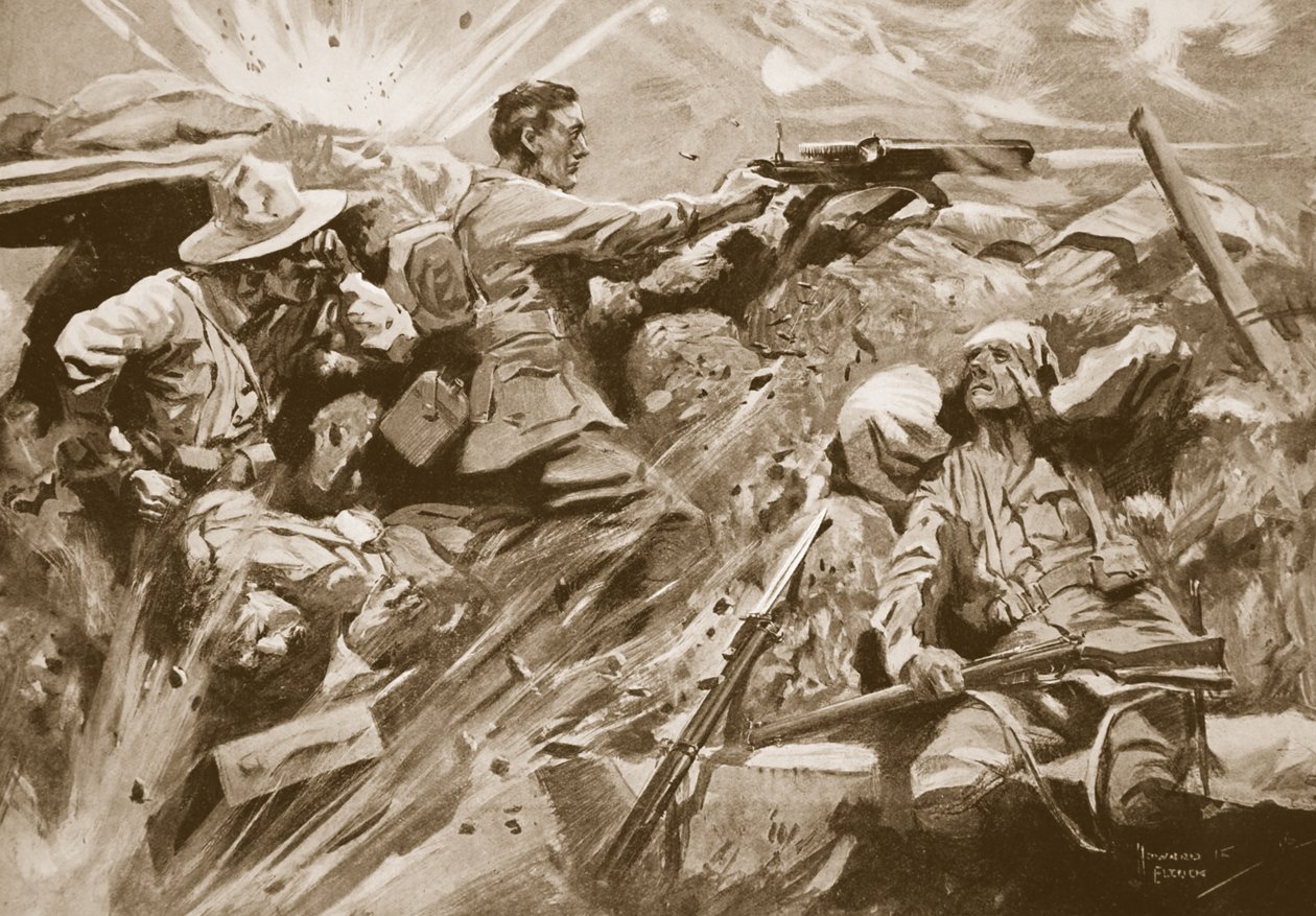 Soldaat Cooke blijft zijn machinegeweer afvuren nadat elk lid van het geweerteam was gedood of gewond door Howard K. Elcock
