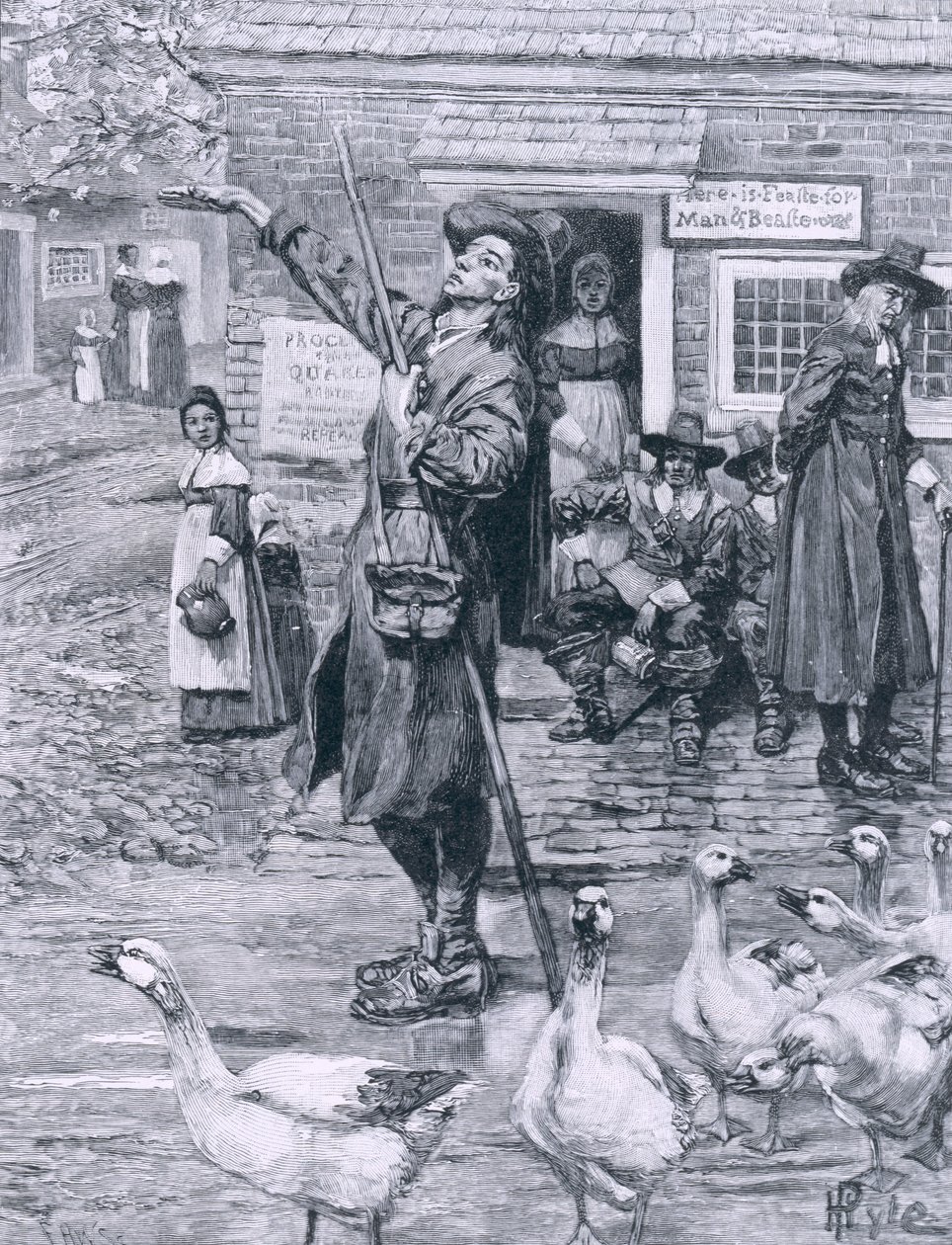 Een Quaker prediker in New England, illustratie uit 