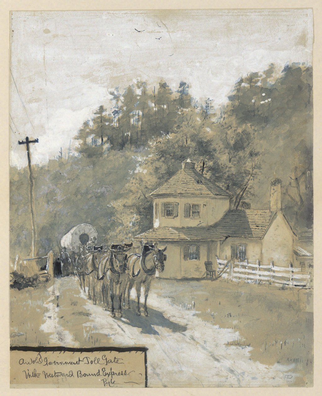 Een oude overheidstolpoort met een westwaarts rijdende sneltrein, tekening van een illustratie voor het artikel "The Old National Pike" van William Henry Rideing door Howard Pyle