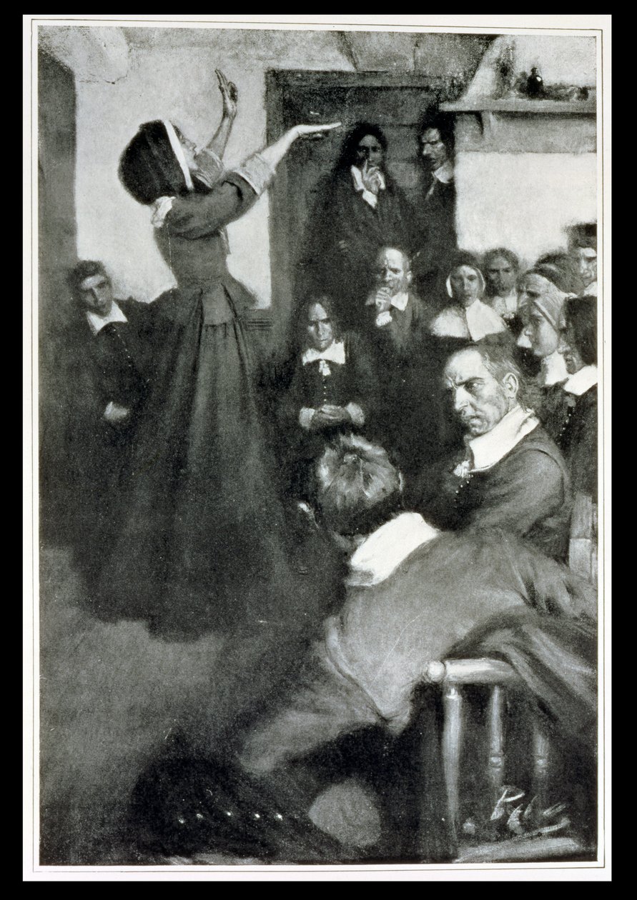 Anne Hutchinson predikt in haar huis in Boston, 1637, illustratie uit 