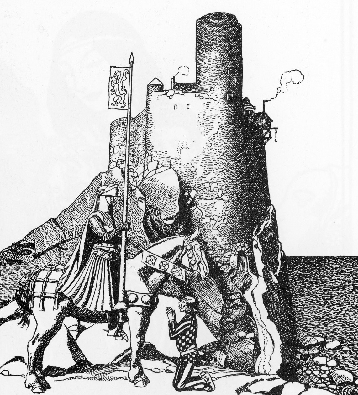 Arthuriaanse Legende: Tristan arriveert bij het kasteel van Nabon (Illustratie uit 