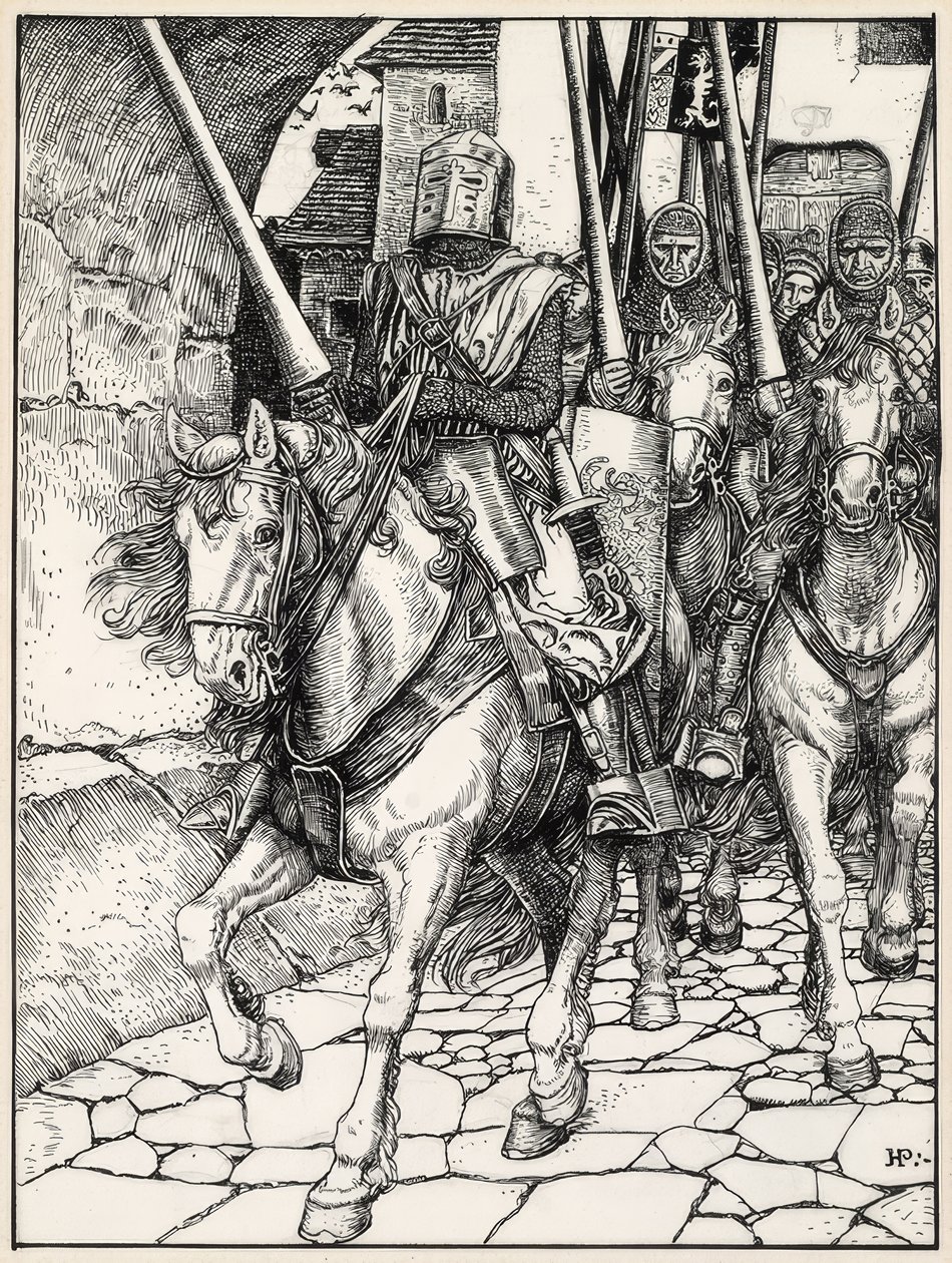 Weg reden ze met botsende hoeven en rinkelende harnassen door Howard Pyle