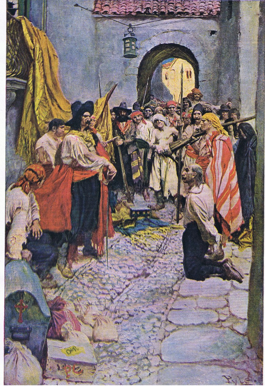 Schuld afdwingen van de burgers, uit Howard Pyles Book of Pirates gepubliceerd door Harper & Bros, 1921 door Howard Pyle