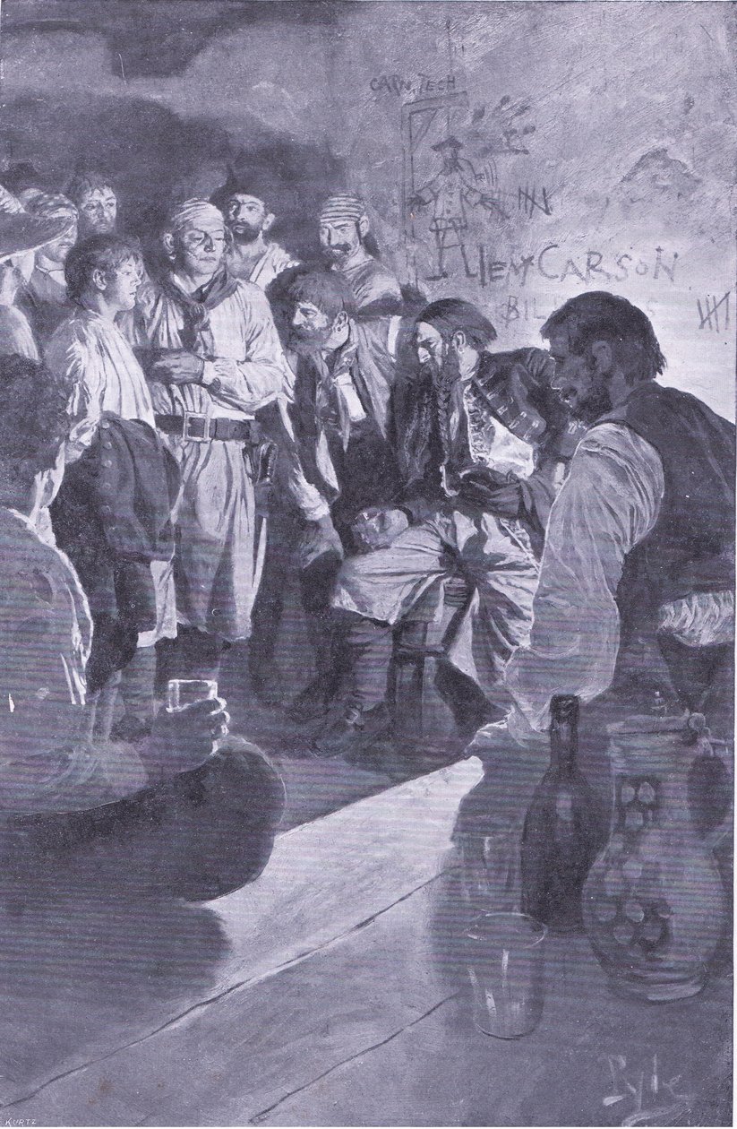Hij leidde Jack naar de man die op het vat zat, uit Howard Pyles Book of Pirates gepubliceerd door Harper & Bros, 1921 door Howard Pyle