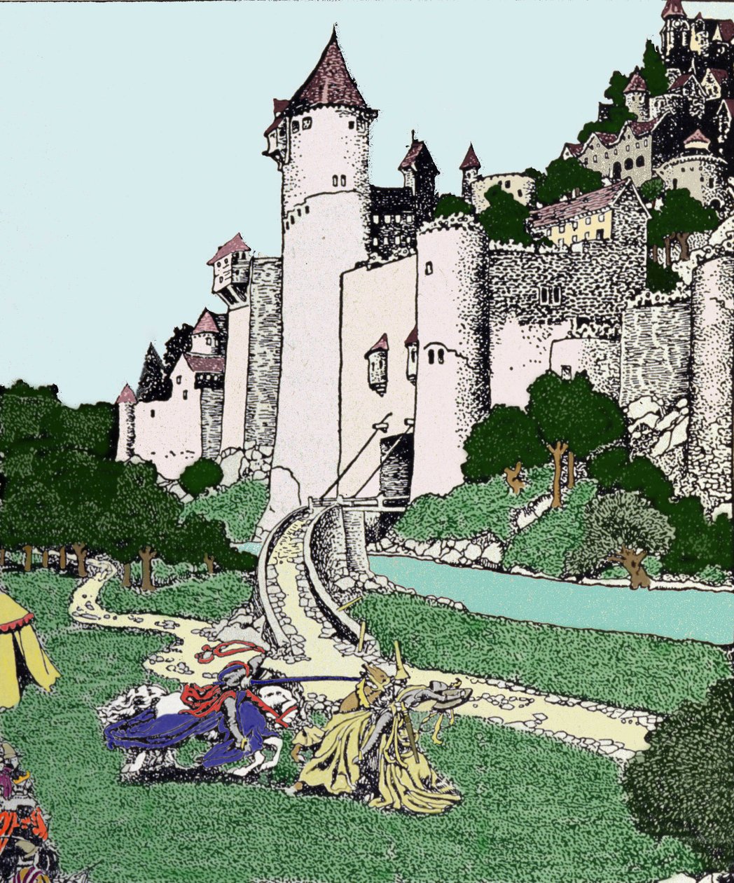 Koning Arthur en de zwarte ridder vechten op de binnenplaats van Camelot. Illustratie door Howard Pyle (1853 - 1911), Amerikaanse illustrator door Howard Pyle