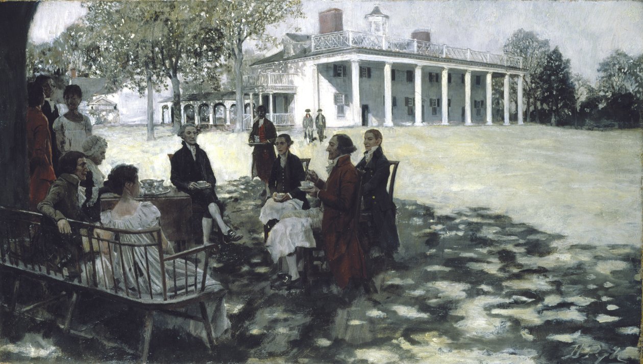 Martha en George Washington Vermaken Hun Vrienden op het Grasveld van Mount Vernon, 1898 door Howard Pyle