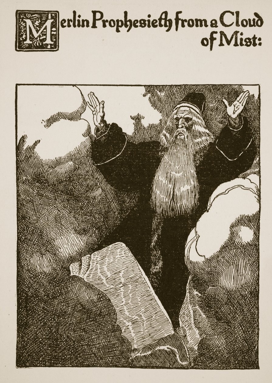 Merlijn voorspelt vanuit een mistwolk, illustratie uit 