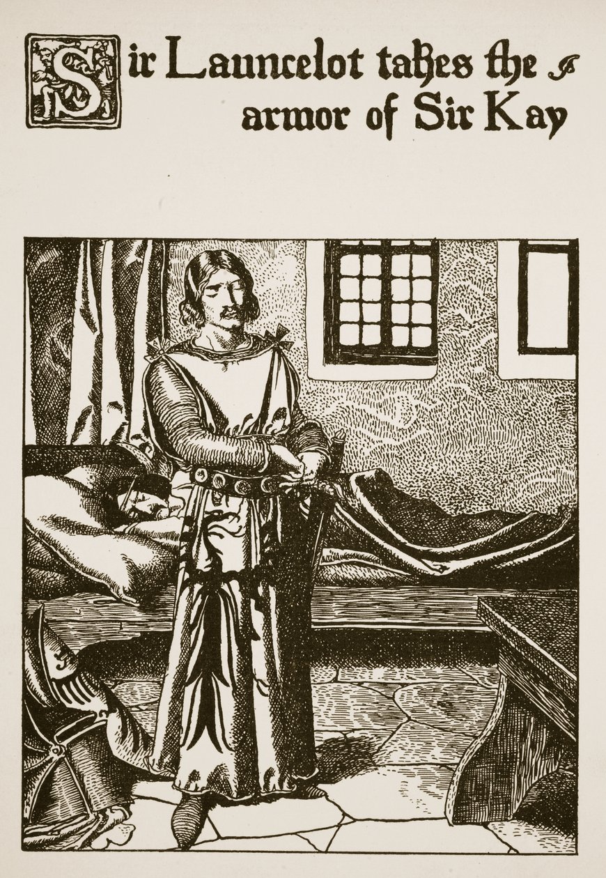 Sir Launcelot neemt de wapenrusting van Sir Kay, illustratie uit 