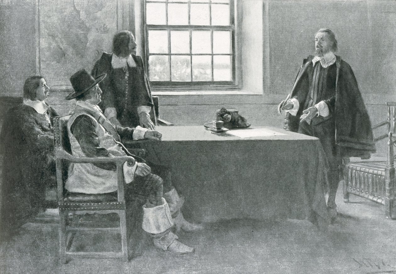 Sir William Berkeley geeft zich over aan de commissarissen van het Gemenebest, illustratie uit 