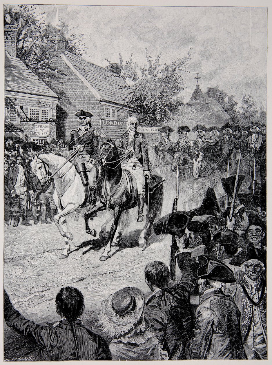 De burgerlijke processie geleid door generaal Washington en gouverneur Clinton door Howard Pyle