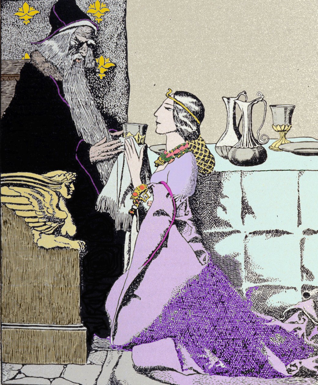 De fee Viviane betovert Merlijn de Tovenaar. Illustratie door Howard Pyle (1853 - 1911), Amerikaanse illustrator door Howard Pyle