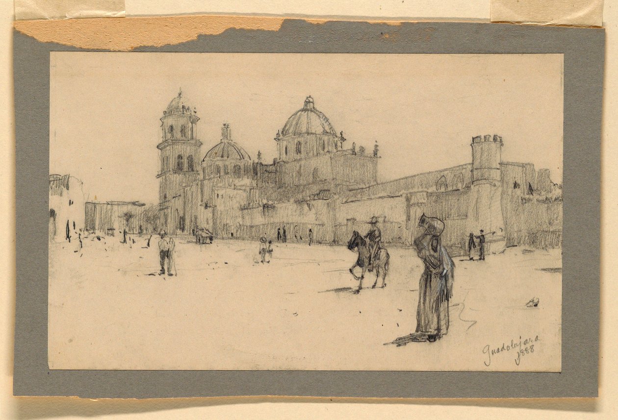 Tekening, Een kerk in Guadalajara (Mexico), 1888 door Howard Russell Butler