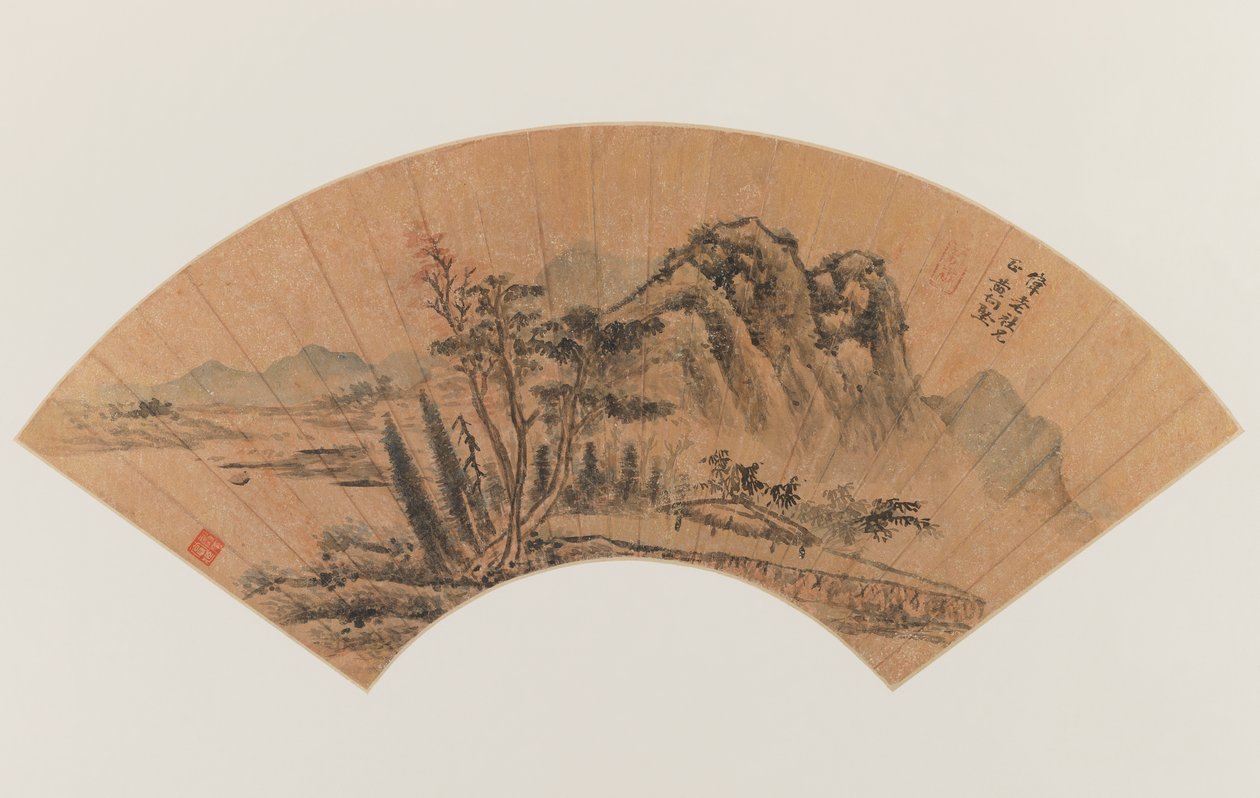 Landschap geschilderd op een waaier (inkt & kleur op goudgevlekt papier) door Hsiang-Chien Huang