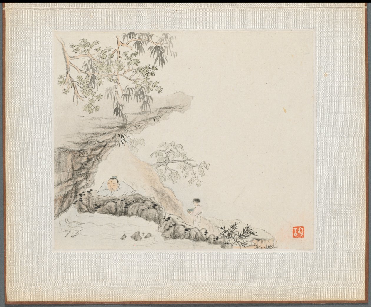 Album van Landschapsschilderijen die Oude Gedichten Illustreren: Een Man Ligt onder een Rotsachtige Overhang, 1700s door Hua Yan
