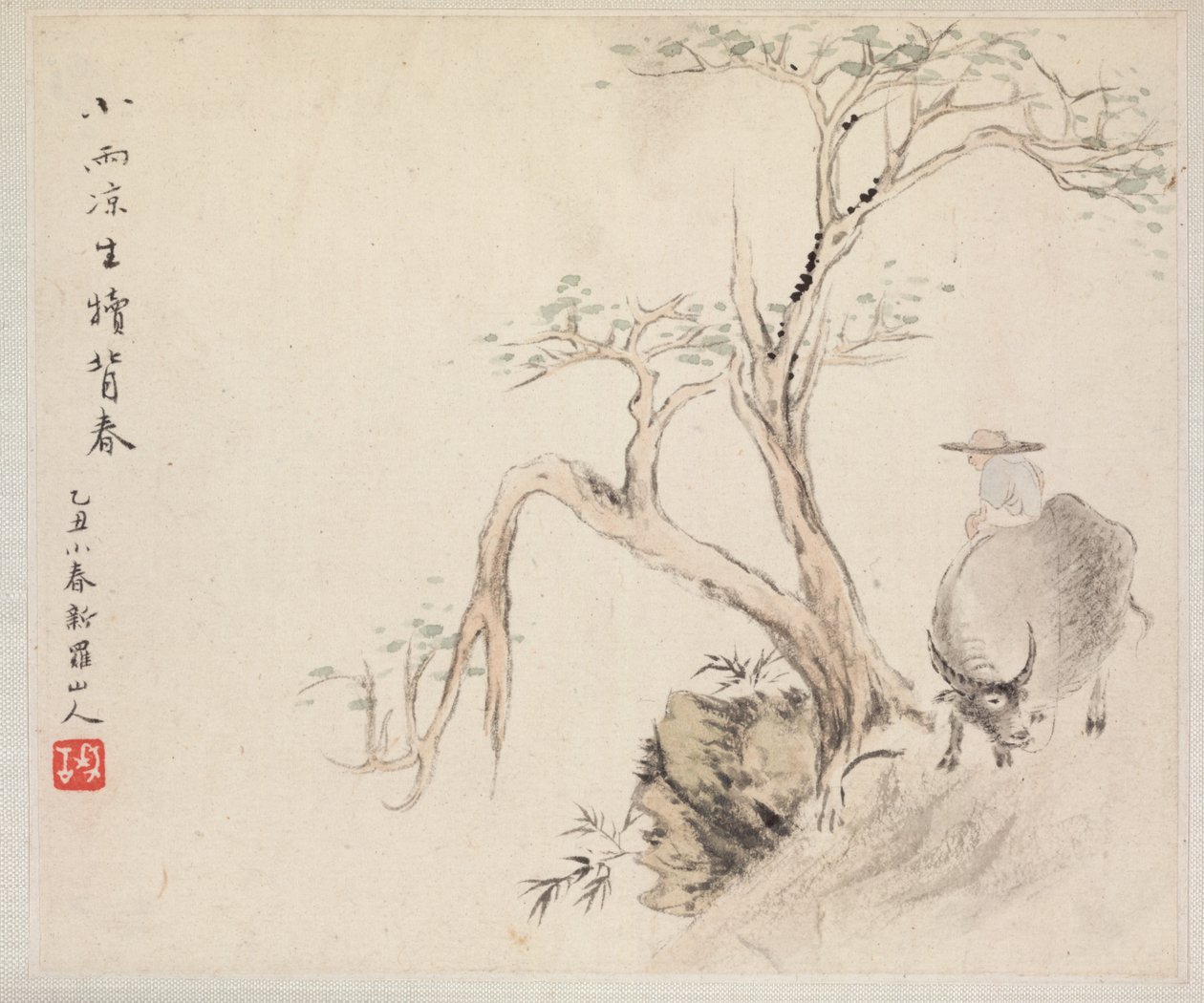 Album van Landschapsschilderijen die Oude Gedichten Illustreren: Een Man Zit op een Waterbuffel, 1700s door Hua Yan