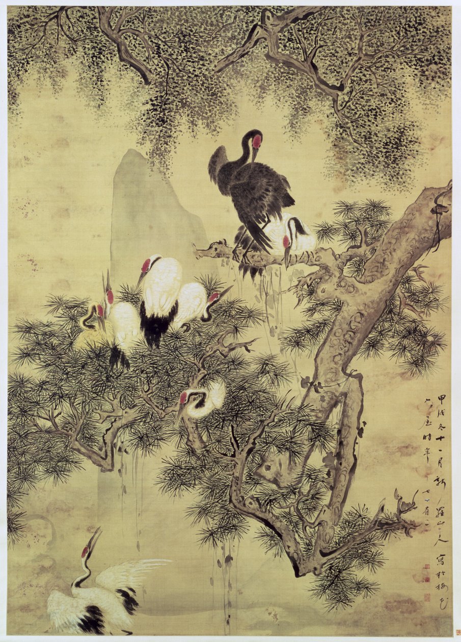 Acht roodkuifreigers in een dennenboom, 1754 door Hua Yan
