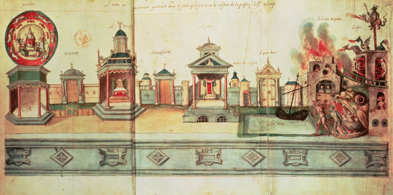 De decor voor het Mysteriespel van Valenciennes, 1547 door Hubert Cailleau