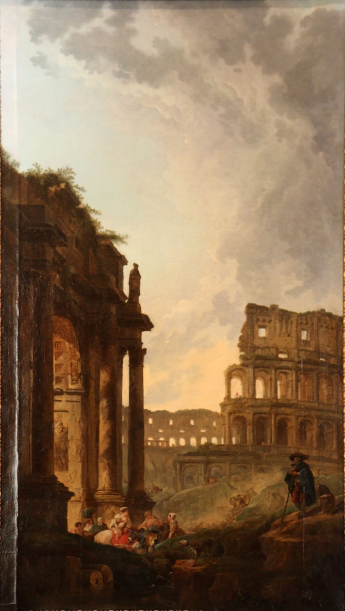 Oversteek van een kudde voor het Colosseum en de boog van Constantijn in Rome door Hubert Robert