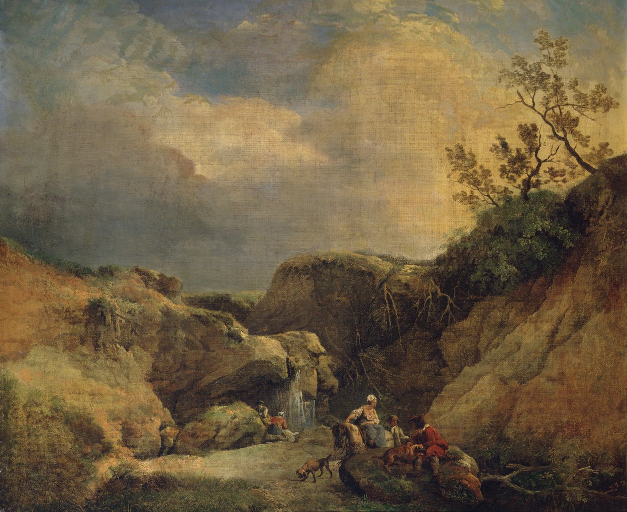 Een rotsachtig bebost landschap met reizigers die bij een waterval praten door Hubert (circle of) Robert