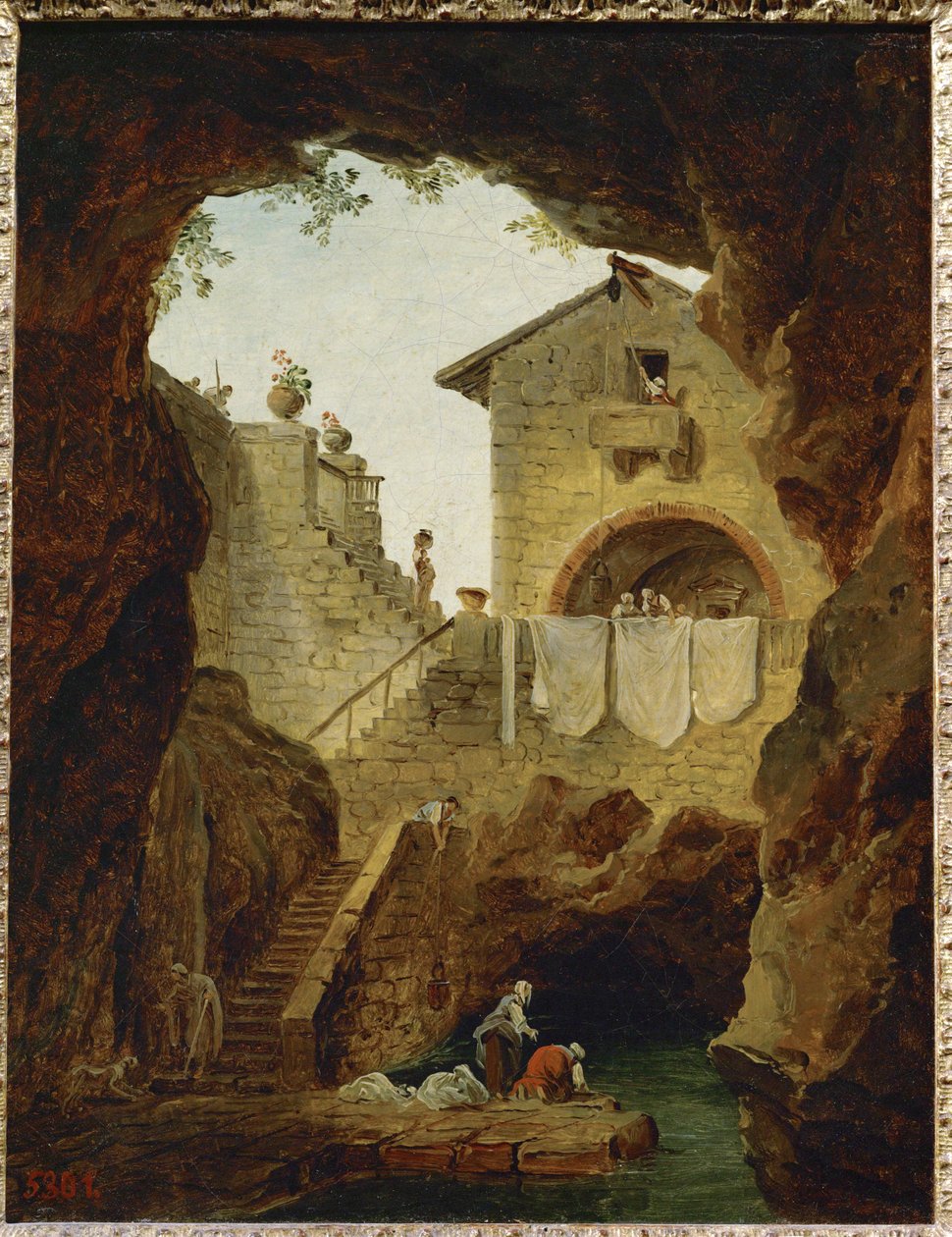 Lavandieres. La fontaine sous la grotte. Wasvrouwen. De fontein in de grot ... door Hubert (circle of) Robert