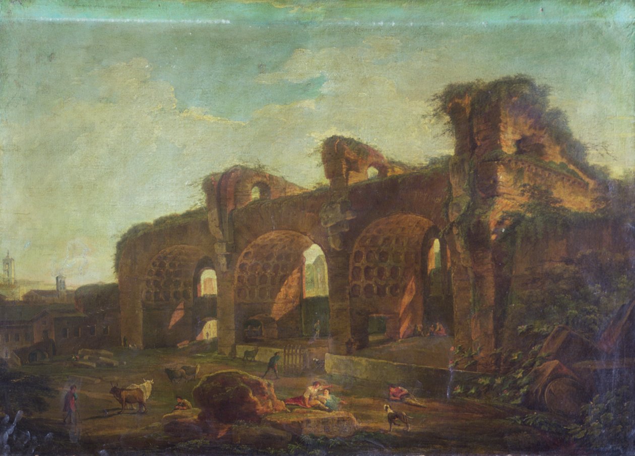 De Basiliek van Maxentius in het Romeinse Forum met Boeren en Vee op de Voorgrond door Hubert (circle of) Robert