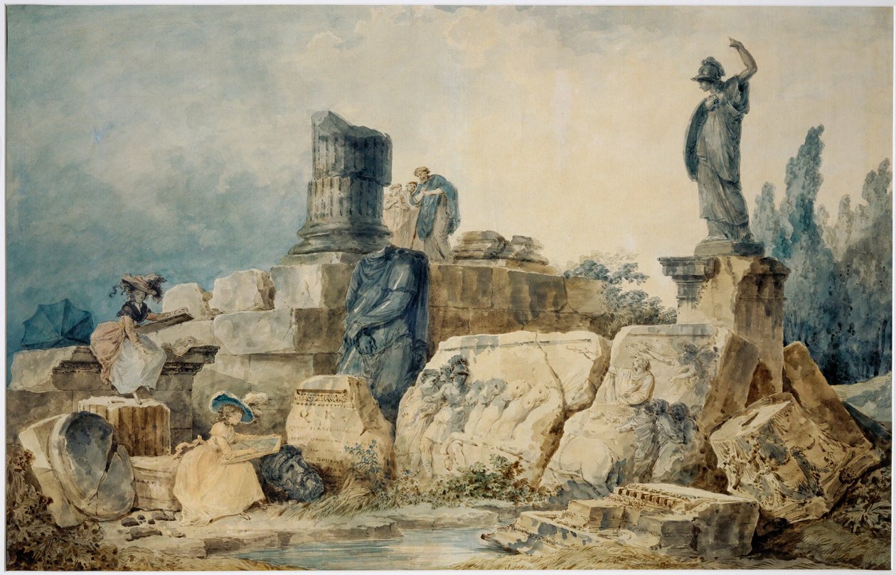 Twee jonge vrouwen tekenen de ruïnes van Rome, drie figuren in antieke kleding observeren hen van bovenaf ... door Hubert (circle of) Robert