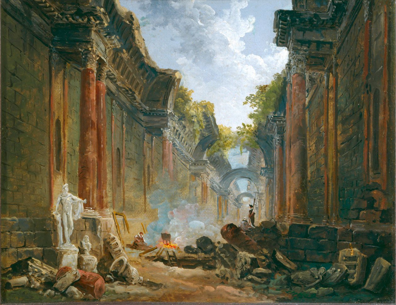 Vue imaginaire de la Grande Galerie en ruine - Verbeeldingsbeeld van de Grote Galerij in ruïnes ... door Hubert (circle of) Robert