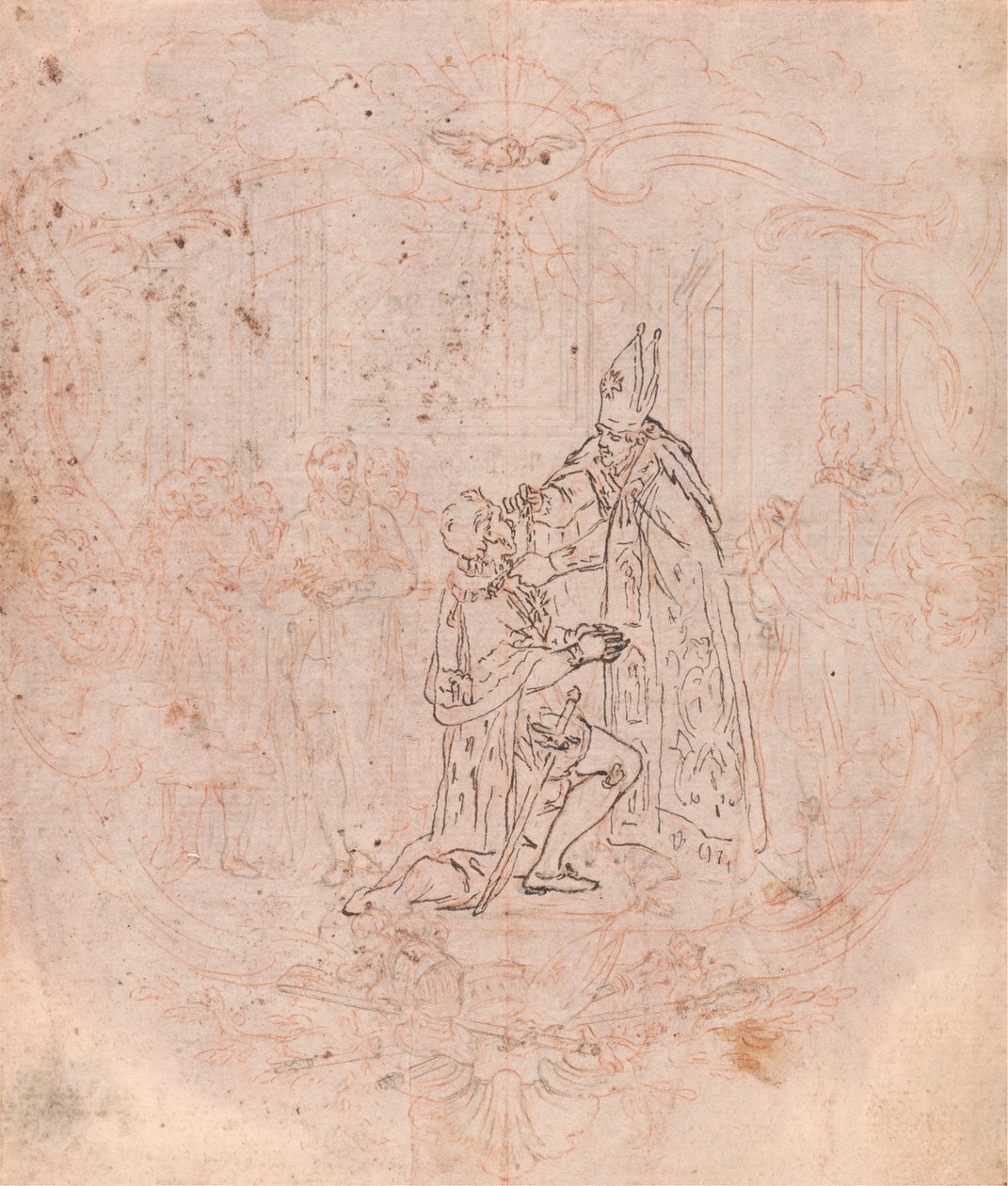 Ontwerp voor een Frontispice: Een Bisschop die een Eer Bewijst, Scène Binnen een Cartouche door Hubert Francois Gravelot
