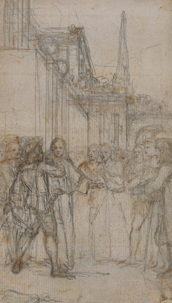 Literaire Illustratie: Man met Zwaard Confronteert Groep Figuren Voor Gebouw door Hubert Francois Gravelot