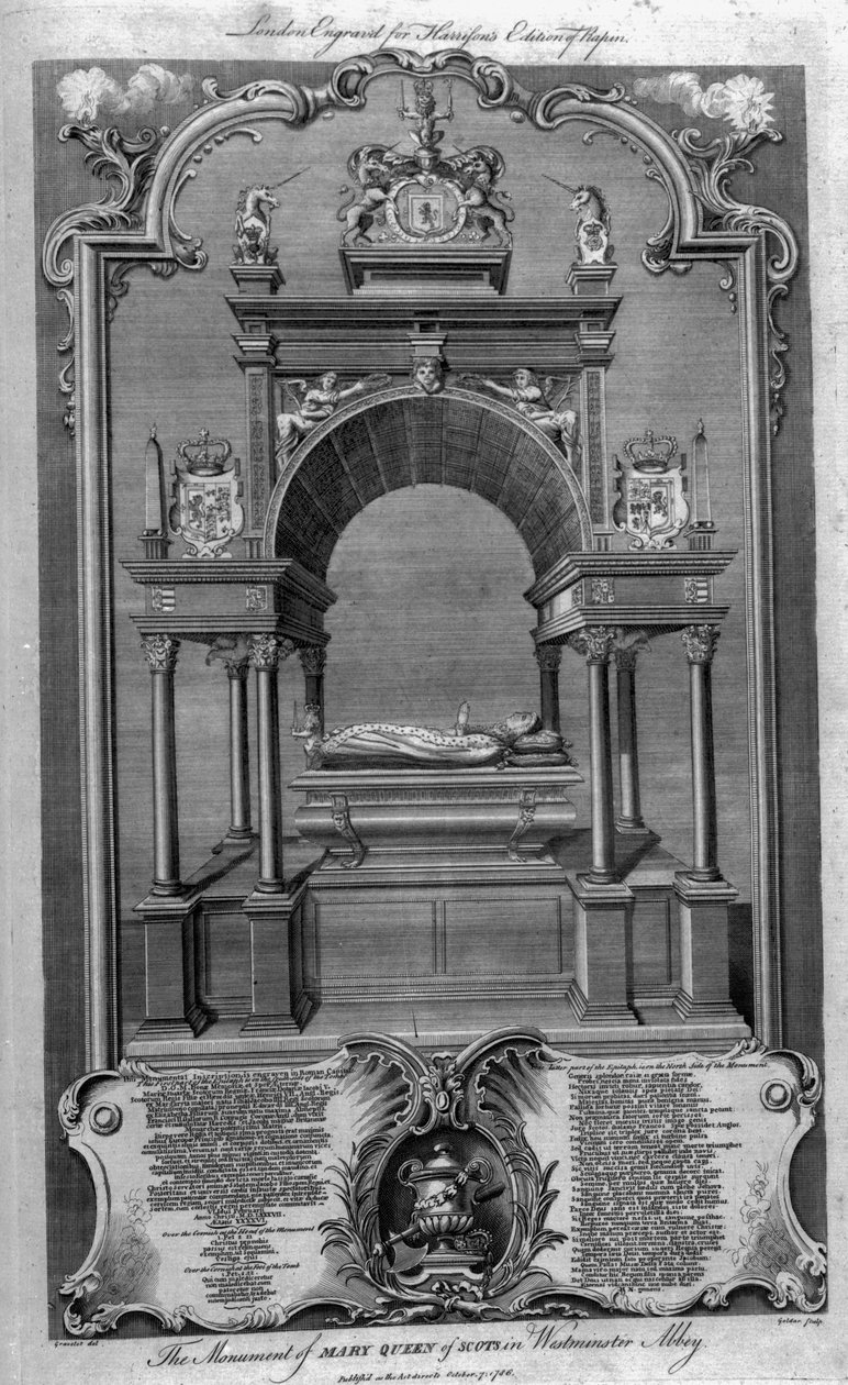 Het monument van Mary Queen of Scots in Westminster Abbey, illustratie uit Rapin