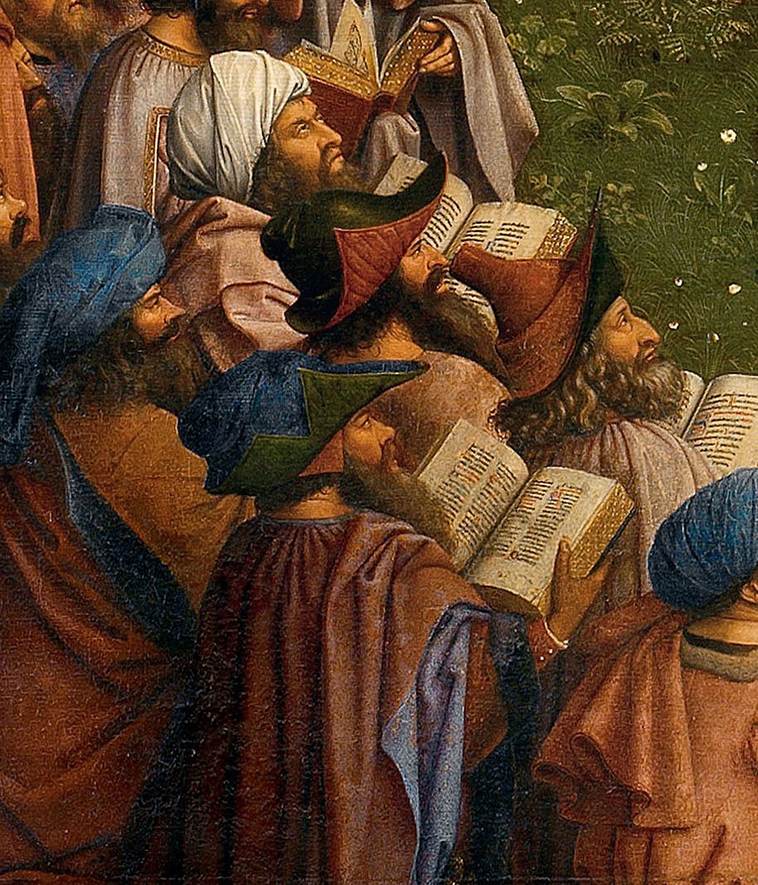 Detail van De Aanbidding van het Mystieke Lam, van het Gentse altaarstuk, onderste helft van het centrale paneel door Hubert & Jan van (1390 1441) Eyck