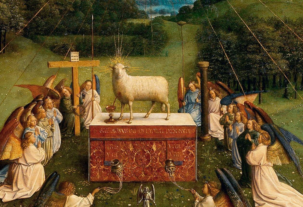 De aanbidding van het mystieke lam, van het Gentse altaarstuk, detail van de onderste helft van het centrale paneel door Hubert & Jan van (1390 1441) Eyck