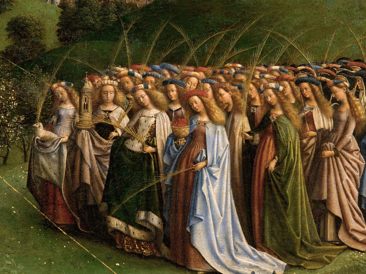 De Aanbidding van het Mystieke Lam, van het Gentse altaarstuk, detail van de onderste helft van het centrale paneel door Hubert & Jan van (1390 1441) Eyck